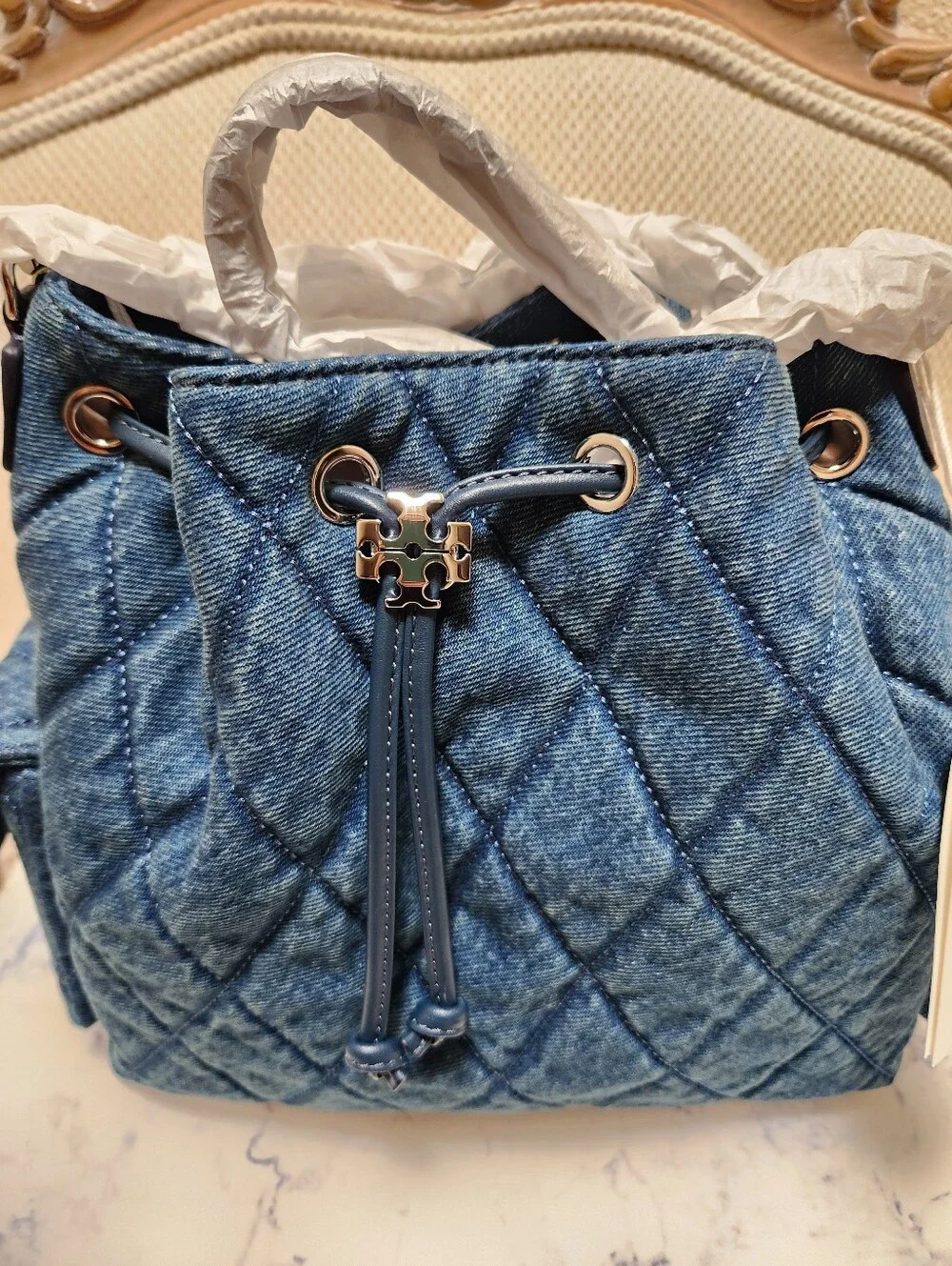 Tory Burch Charlie Quilted Denim Drawstring Shoulder Bag